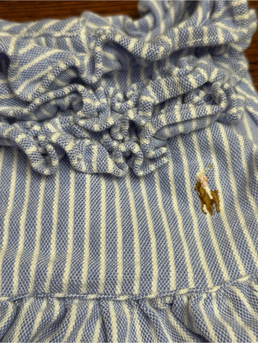 Ralph Lauren Light Blue & White Striped Ruffle Baby Romper